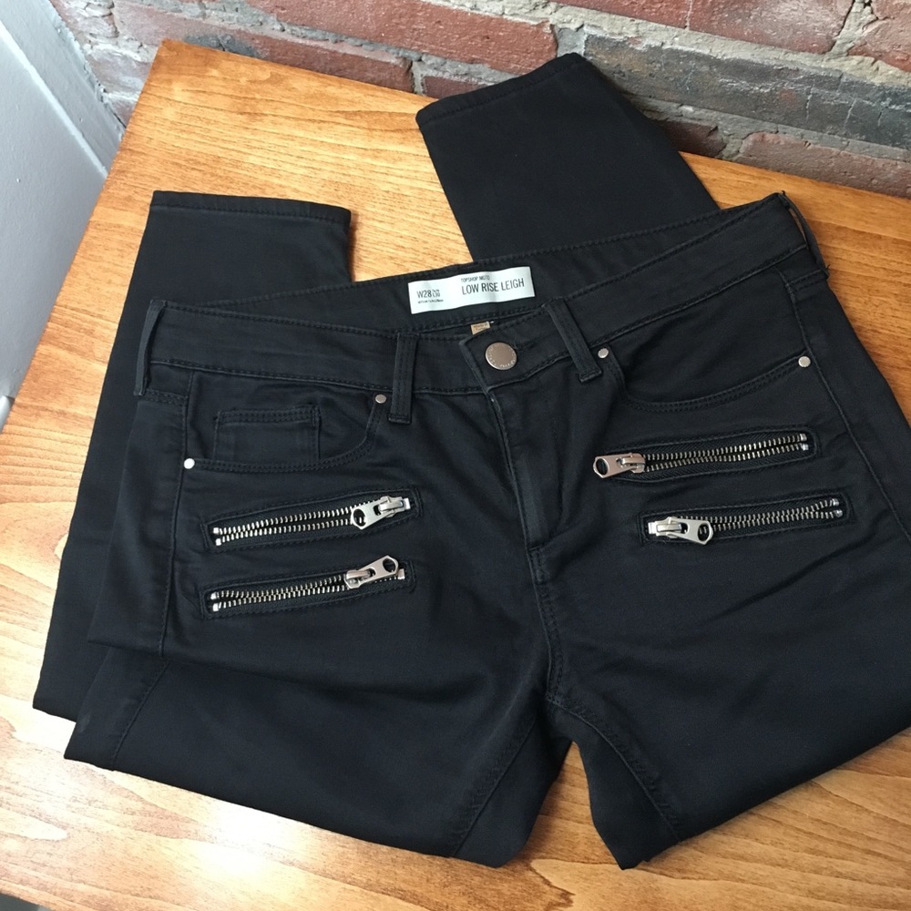 NWOT Topshop Black Stretch Moto Jeans fun zippers